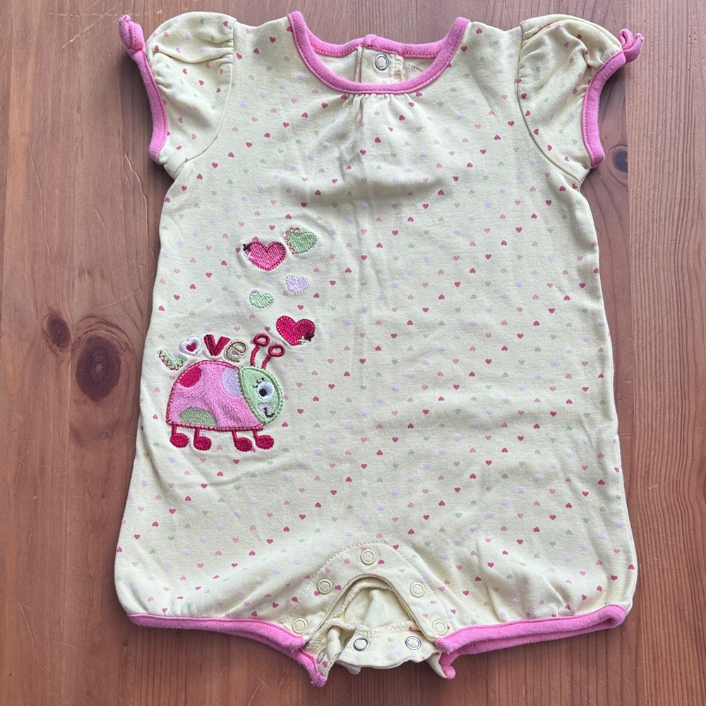 Jumping Beans Soft Heart Bug Romper with Pink Trim